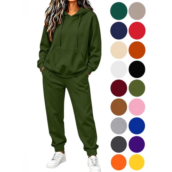 Hzzrkos Women Casual Loose Solid Color Hooded Long Sleeve Drawstring Kangaroo Pocket Sweatshirt Jogger Pants Tracksuit Lounge Set Two Piece Outfit Army Green