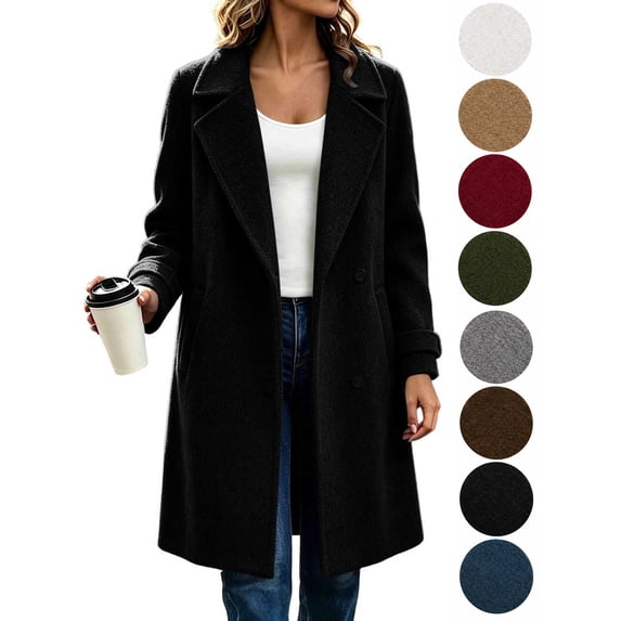 Hzzrkos Women Casual Loose Solid Color Lapel Collar Long Sleeve Double Breasted Pocket Long Coat Winter Outerwear Wool Blend Jacket Overcoat Black L