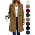 thumbnail image 1 of Hzzrkos Women Casual Loose Solid Color Lapel Collar Long Sleeve Double Breasted Pocket Long Coat Winter Outerwear Wool Blend Jacket Overcoat Brown L, 1 of 8