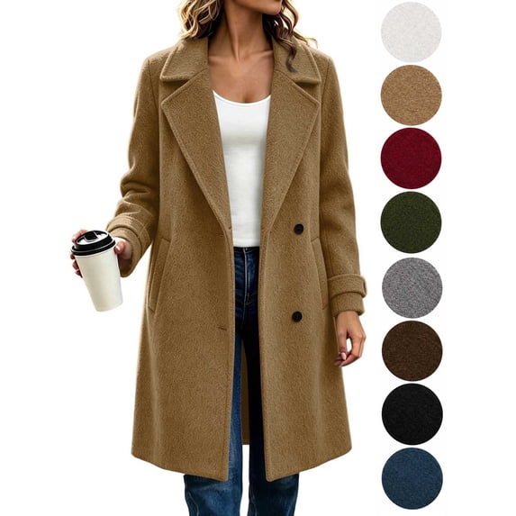 Hzzrkos Women Casual Loose Solid Color Lapel Collar Long Sleeve Double Breasted Pocket Long Coat Winter Outerwear Wool Blend Jacket Overcoat Brown L
