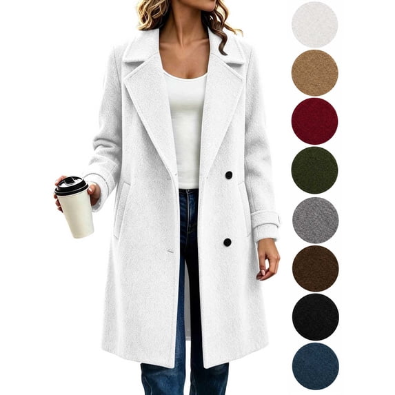 Hzzrkos Women Casual Loose Solid Color Lapel Collar Long Sleeve Double Breasted Pocket Long Coat Winter Outerwear Wool Blend Jacket Overcoat White XXL