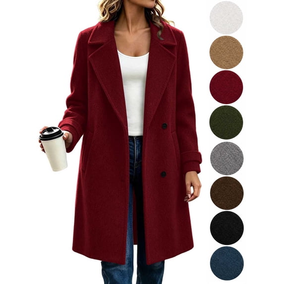 Hzzrkos Women Casual Loose Solid Color Lapel Collar Long Sleeve Double Breasted Pocket Long Coat Winter Outerwear Wool Blend Jacket Overcoat Wine M