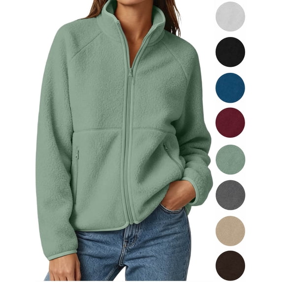 Hzzrkos Women Casual Loose Solid Color Long Sleeve Mock Neck Zip Up Fleece Jacket Raglan Sleeve Zipper Pocket Warm Outerwear Coat Winter Sweatshirt Jacket Green M