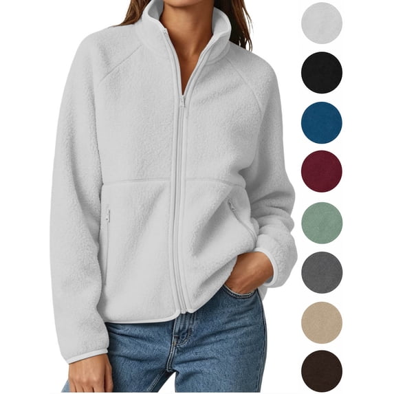 Hzzrkos Women Casual Loose Solid Color Long Sleeve Mock Neck Zip Up Fleece Jacket Raglan Sleeve Zipper Pocket Warm Outerwear Coat Winter Sweatshirt Jacket White XXL