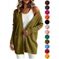 thumbnail image 1 of Hzzrkos Women Casual Loose Solid Color Open Front Knit Cardigan Long Sleeve Pocket Sweater Coat Lightweight Outerwear Duster Cardigan Jacket Army Green XL, 1 of 9