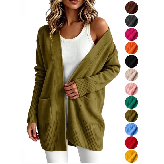 Hzzrkos Women Casual Loose Solid Color Open Front Knit Cardigan Long Sleeve Pocket Sweater Coat Lightweight Outerwear Duster Cardigan Jacket Army Green XL
