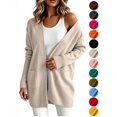 thumbnail image 1 of Hzzrkos Women Casual Loose Solid Color Open Front Knit Cardigan Long Sleeve Pocket Sweater Coat Lightweight Outerwear Duster Cardigan Jacket Beige M, 1 of 9