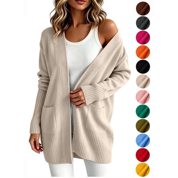 Hzzrkos Women Casual Loose Solid Color Open Front Knit Cardigan Long Sleeve Pocket Sweater Coat Lightweight Outerwear Duster Cardigan Jacket Beige M