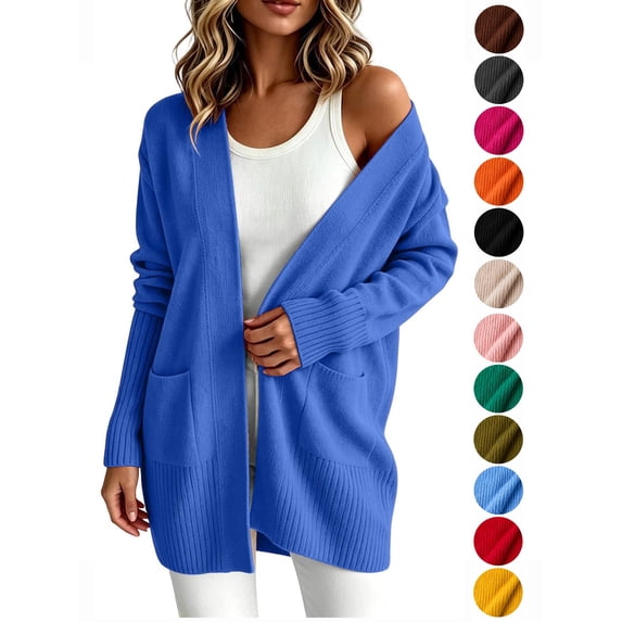 Hzzrkos Women Casual Loose Solid Color Open Front Knit Cardigan Long Sleeve Pocket Sweater Coat Lightweight Outerwear Duster Cardigan Jacket Blue XXL
