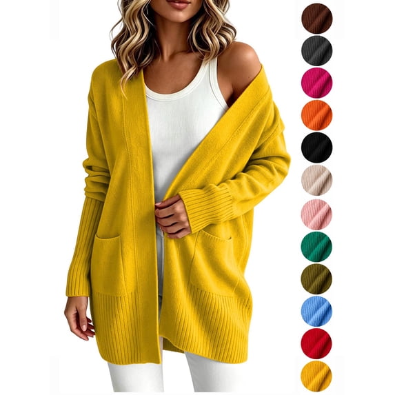 Hzzrkos Women Casual Loose Solid Color Open Front Knit Cardigan Long Sleeve Pocket Sweater Coat Lightweight Outerwear Duster Cardigan Jacket Yellow M