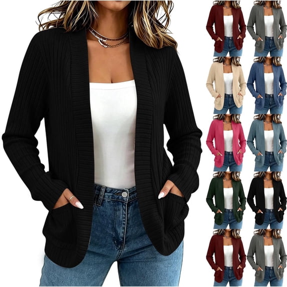 Hzzrkos Women Casual Loose Solid Color Open Front Long Sleeve Patch Pocket Knit Cardigan Sweater Black XXL
