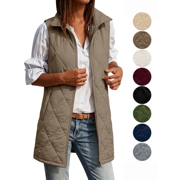 Hzzrkos Women Casual Loose Solid Color Open Front Sleeveless Zippered Lining Patch Pocket Long Vest Jacket Lightweight Outerwear Fashion Layering Coat Khaki XL