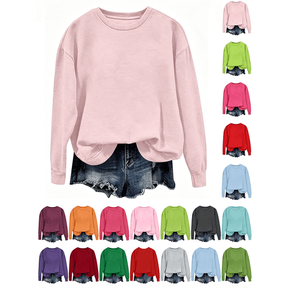 Hzzrkos Women Casual Loose Solid Color Round Neck Long Sleeve Curved Hem Hoodless Sweatshirt Pullover Top Pink#1