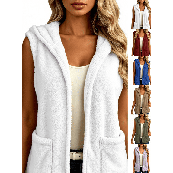 Hzzrkos Women Casual Loose Solid Color Sleeveless Hooded Button Up Patch Pocket Vest Cardigan Outerwear Jacket White