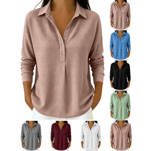 Hzzrkos Women Casual Loose Solid Color V Neck Collared Long Sleeve Button Front Waffle Knit Tunic Top Fashion Blouse Shirt Pullover Everyday Comfortable Wear Pink XL