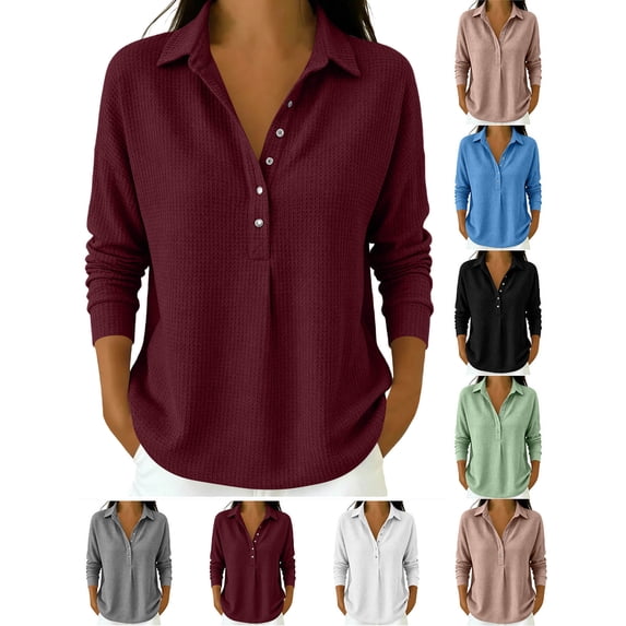 Hzzrkos Women Casual Loose Solid Color V Neck Collared Long Sleeve Button Front Waffle Knit Tunic Top Fashion Blouse Shirt Pullover Everyday Comfortable Wear Wine L