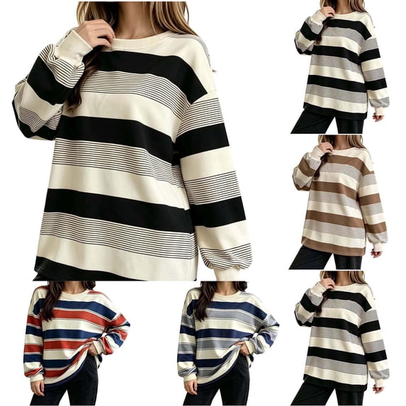 Hzzrkos Women Casual Loose Stripe Crew Neck Long Sleeve Soft Comfy Loungewear Tunic Pajama Top Black XXL
