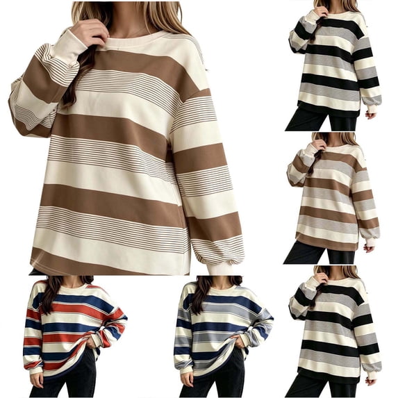 Hzzrkos Women Casual Loose Stripe Crew Neck Long Sleeve Soft Comfy Loungewear Tunic Pajama Top Khaki M