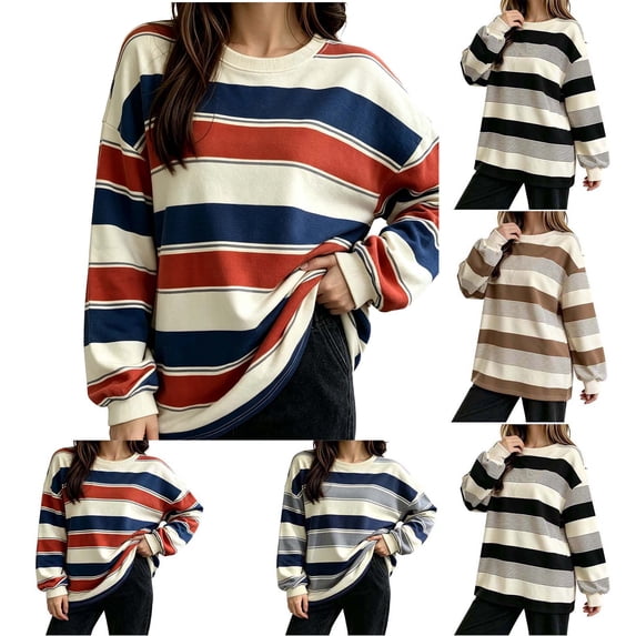 Hzzrkos Women Casual Loose Stripe Crew Neck Long Sleeve Soft Comfy Loungewear Tunic Pajama Top Red XL