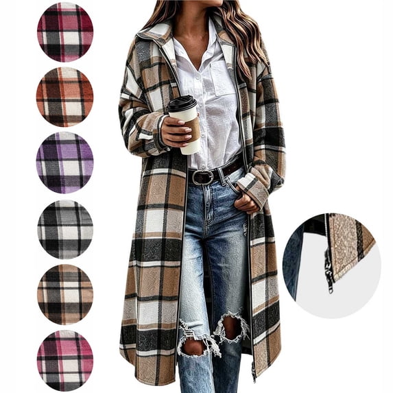 Hzzrkos Women Casual Plaid Oversized Long Sleeve Lapel Zip Up Flannel Shacket Long Coat Jacket Fall Winter Outerwear With Pockets Beige XL