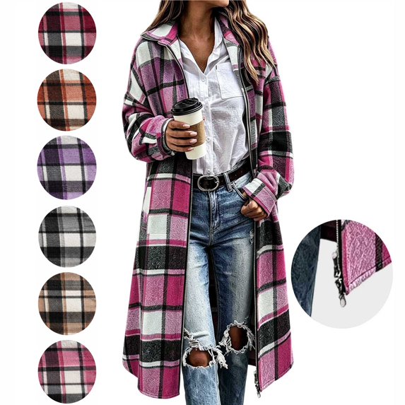 Hzzrkos Women Casual Plaid Oversized Long Sleeve Lapel Zip Up Flannel Shacket Long Coat Jacket Fall Winter Outerwear With Pockets Hot Pink S