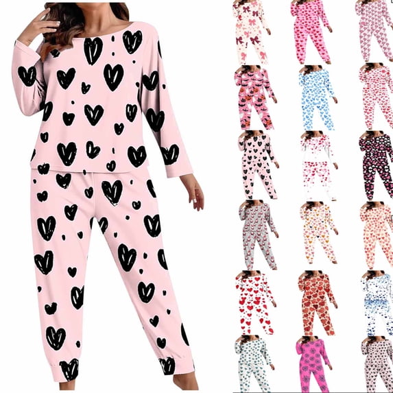 Hzzrkos Women Casual Plus Size Loose Print Boat Neck Long Sleeve Relaxed Fit Loungewear Pajama Set, Soft Two Piece Sleepwear Outfit For Indoor Daily Wear Pink XXL