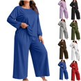 thumbnail image 1 of Hzzrkos Women Casual Plus Size Loose Solid Color Round Neck Long Sleeve Two Piece Wide Leg Loungewear Pajama Set, Soft Relaxed Sleepwear Outfit For Indoor Daily Rest Blue XXL, 1 of 8