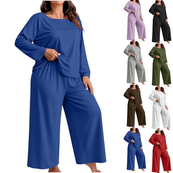 Hzzrkos Women Casual Plus Size Loose Solid Color Round Neck Long Sleeve Two Piece Wide Leg Loungewear Pajama Set, Soft Relaxed Sleepwear Outfit For Indoor Daily Rest Blue XXL