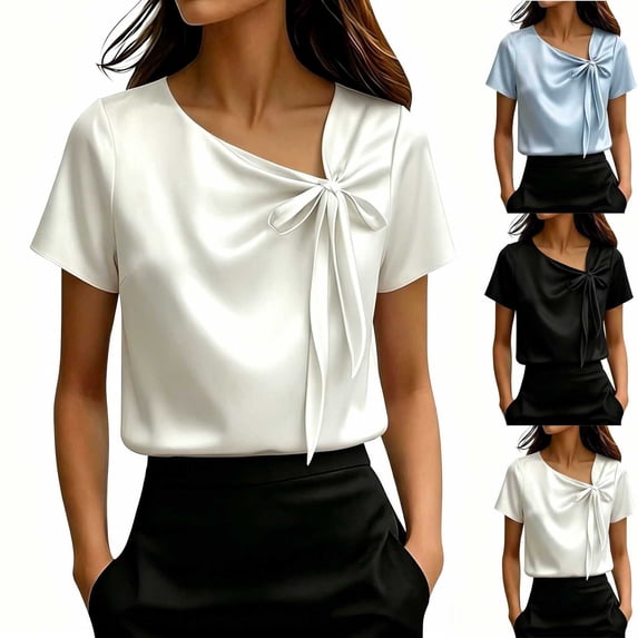 Hzzrkos Women Casual Regular Solid Color Cowl Neck Short Sleeve Side Ruched Knot Front Blouse Top