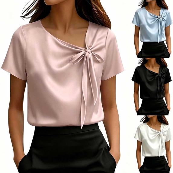 Hzzrkos Women Casual Regular Solid Color Cowl Neck Short Sleeve Side Ruched Knot Front Blouse Top