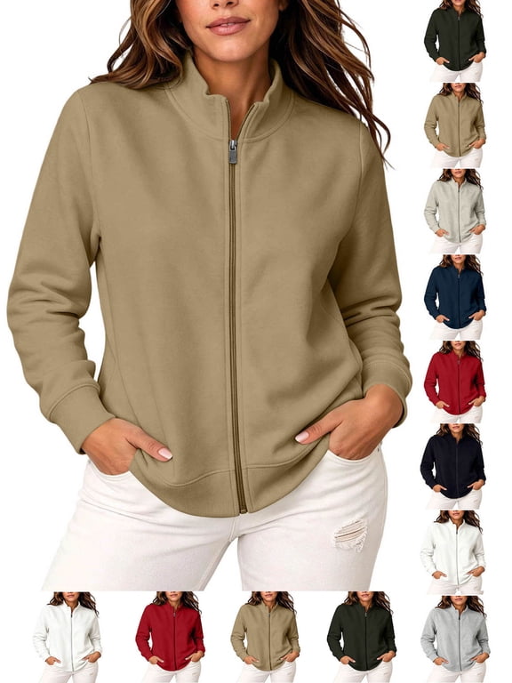 Women Casual Relaxed Solid Color Stand Collar Long Sleeve Full Zip Pocket Outerwear Sweatshirt Jacket Top Khaki