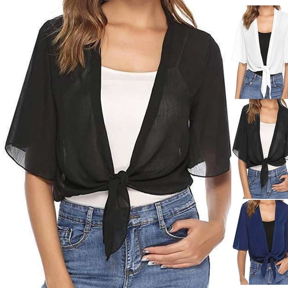Hzzrkos Women Casual Relaxed Solid Color V Neck Short Sleeve Front Tie Cropped Open Front Shrug Top