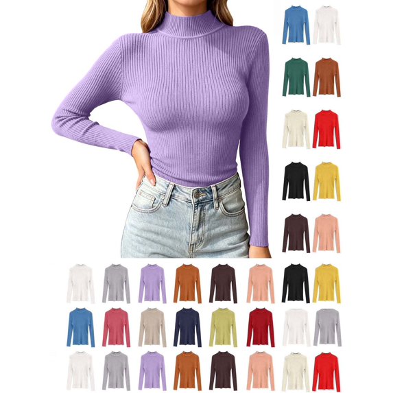 Hzzrkos Women Casual Slim Solid Color Mock Neck Long Sleeve Stretchy Knit Pullover Layering Blouse Top