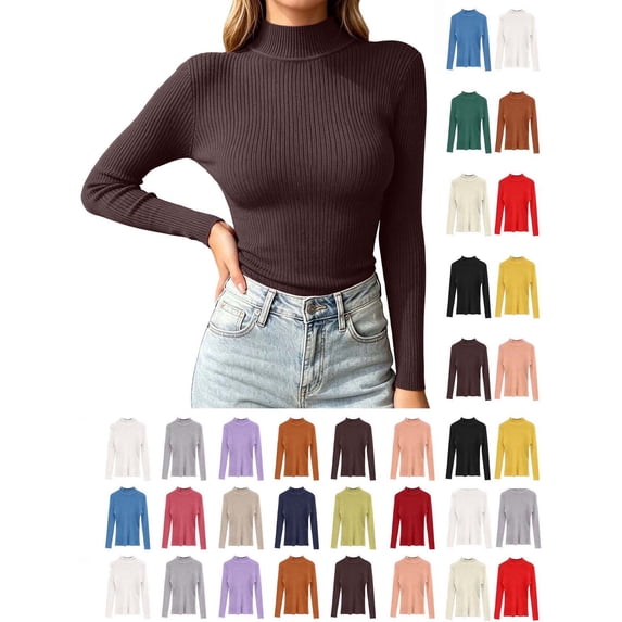 Hzzrkos Women Casual Slim Solid Color Mock Neck Long Sleeve Stretchy Knit Pullover Layering Blouse Top
