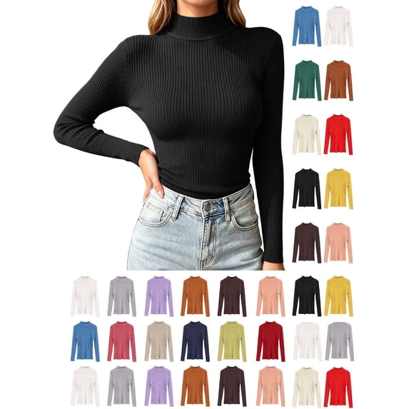 Hzzrkos Women Casual Slim Solid Color Mock Neck Long Sleeve Stretchy Knit Pullover Layering Blouse Top