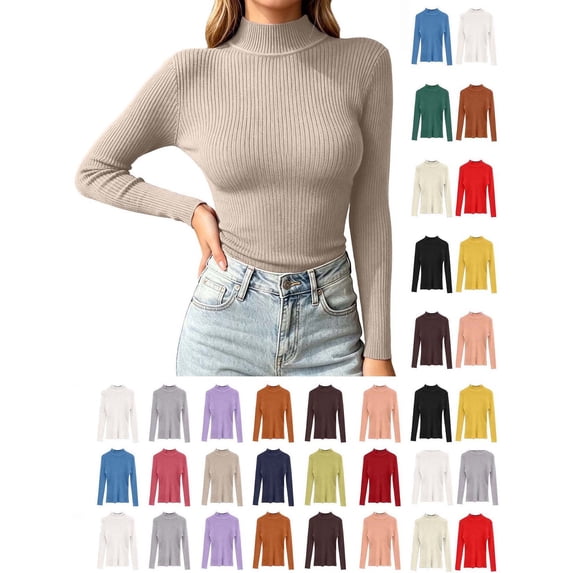 Hzzrkos Women Casual Slim Solid Color Mock Neck Long Sleeve Stretchy Knit Pullover Layering Blouse Top