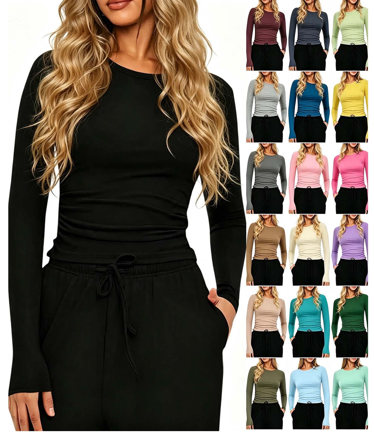 Hzzrkos Women Casual Solid Color Crew Neck Long Sleeve, Black XXL