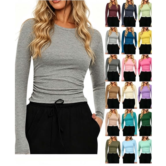 Hzzrkos Women Casual Solid Color Crew Neck Long Sleeve Fitted Tee Tops Slim Fit Basic Shirts Stretch Fashion Fall Everyday Tops Gray XL