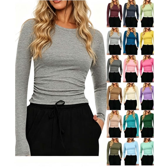 Hzzrkos Women Casual Solid Color Crew Neck Long Sleeve Fitted Tee Tops ...