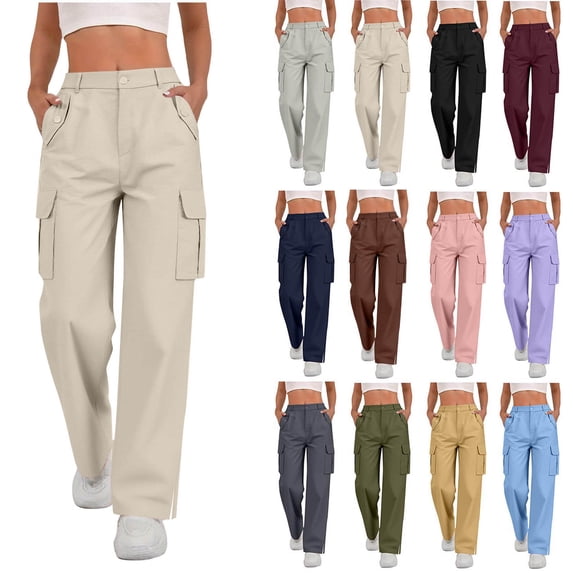 Hzzrkos Women Casual Solid Color High Waist Loose Straight Long Cargo Pants Button Elastic Waist Multi Pockets Side Slit Trousers Daily Work Street Outdoor Travel