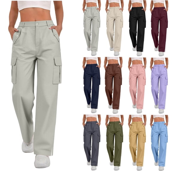 Hzzrkos Women Casual Solid Color High Waist Loose Straight Long Cargo Pants Button Elastic Waist Multi Pockets Side Slit Trousers Daily Work Street Outdoor Travel