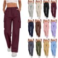 thumbnail image 1 of Hzzrkos Women Casual Solid Color High Waist Loose Straight Long Cargo Pants Button Elastic Waist Multi Pockets Side Slit Trousers Daily Work Street Outdoor Travel, 1 of 9