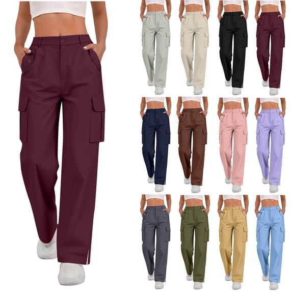 Hzzrkos Women Casual Solid Color High Waist Loose Straight Long Cargo Pants Button Elastic Waist Multi Pockets Side Slit Trousers Daily Work Street Outdoor Travel