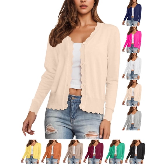 Hzzrkos Women Casual Solid Color V Neck Long Sleeve Button Up Cardigan Fitted Knit Sweater Top for Fall Layering Beige