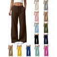thumbnail image 1 of Hzzrkos Women Casual Solid Color Wide Leg High Waist Straight Pants Loose Fit Drawstring Trousers for Work Streetwear Brown, 1 of 9