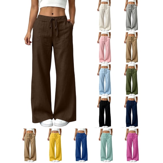 Hzzrkos Women Casual Solid Color Wide Leg High Waist Straight Pants Loose Fit Drawstring Trousers for Work Streetwear Brown