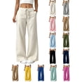thumbnail image 1 of Hzzrkos Women Casual Solid Color Wide Leg High Waist Straight Pants Loose Fit Drawstring Trousers for Work Streetwear White, 1 of 7