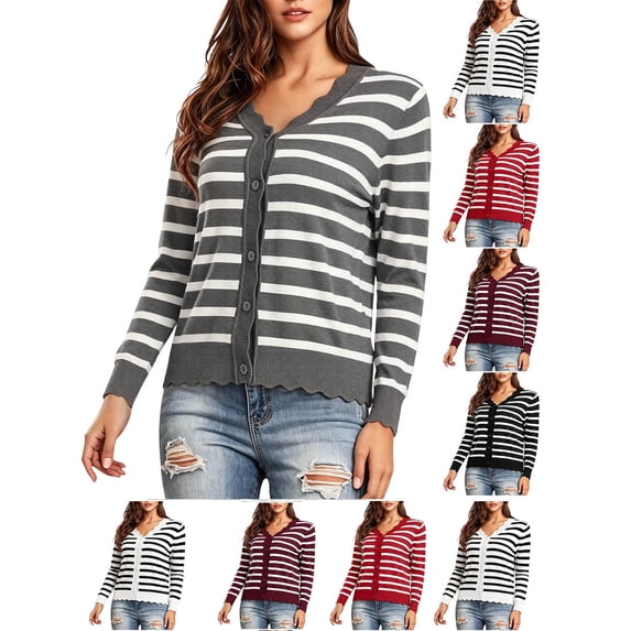 Hzzrkos Women Casual Striped Print V Neck Long Sleeve Button Up Cardigan Fitted Knit Sweater Top for Fall Layering Gray