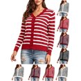 thumbnail image 1 of Hzzrkos Women Casual Striped Print V Neck Long Sleeve Button Up Cardigan Fitted Knit Sweater Top for Fall Layering Red, 1 of 7