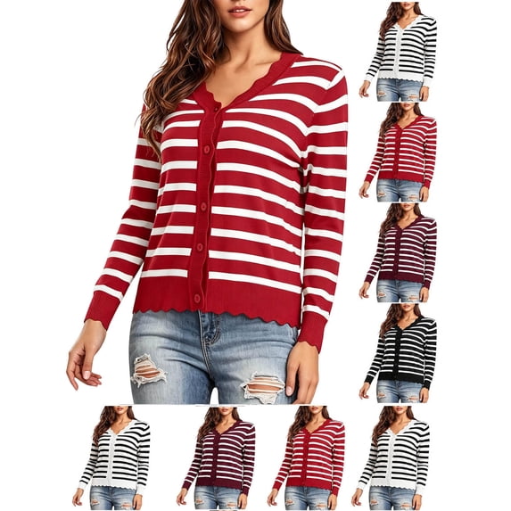 Hzzrkos Women Casual Striped Print V Neck Long Sleeve Button Up Cardigan Fitted Knit Sweater Top for Fall Layering Red
